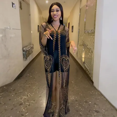 Women African Ethnic Style Mesh Maxi Dress V-Neck Long Sleeve Rhinestone Heart Pattern Two Piece Dress Polyester Black