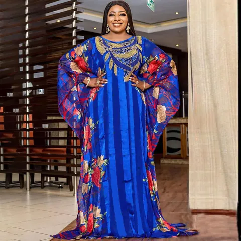 Women African Ethnic Kaftan Dress Chiffon Polyester Floral Print Rhinestone Batwing Sleeve Loose Maxi Long Party Gown