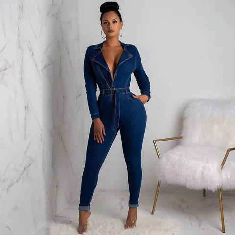 Women Sexy Deep V Neck Long Sleeve Denim Jumpsuit With Belt Slim Fit Skinny Cotton Jean Jumpsuit Romper For Streetwear Daily