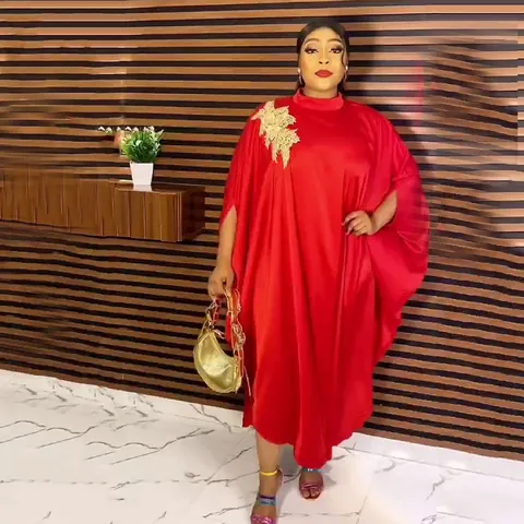African Ethnic Style Women Kaftan Dress Stand Collar Batwing Sleeve Applique Rhinestone Maxi Gown Elegant Long Robe