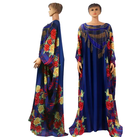 Women African Ethnic Kaftan Dress Chiffon Polyester Floral Print Rhinestone Batwing Sleeve Loose Maxi Long Party Gown