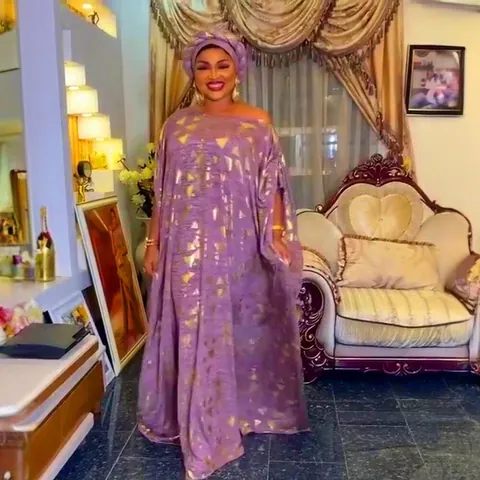 African Ethnic Style Gold Foil Stamping Maxi Dress For Women Loose Geometric Print Kaftan Long Robe With Headscarf