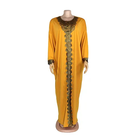 Women African Style Maxi Dress Round Neck Embroidered Big Swing Kaftan Abaya OL Temperament Elegant 4-Way Stretch Long Dress