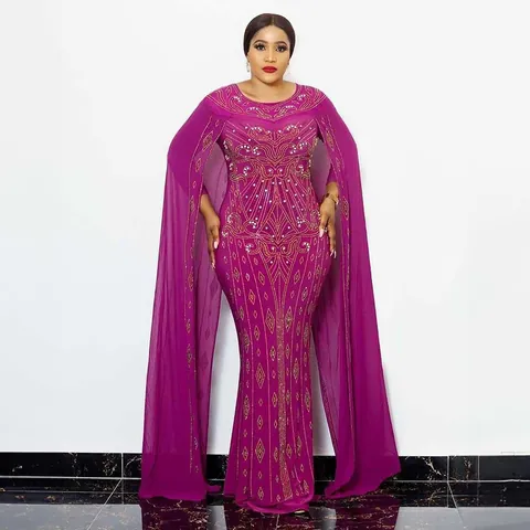 African Women Maxi Dress Chiffon Cape Heavy Rhinestone Beading Fishtail Bodycon Plus Size Formal Evening Party Dress