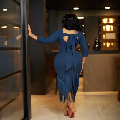 Women Elegant Tassel Midi Dress Slim Fit Navy Blue Black Solid Color Decorative Buttons Social Party Bodycon Dress