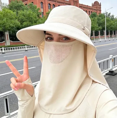 Women Sun Protection Hat With Removable Face Mask Neck Flap Breathable Polyester Cotton Woven Wide Brim Outdoor UV Sun Hat