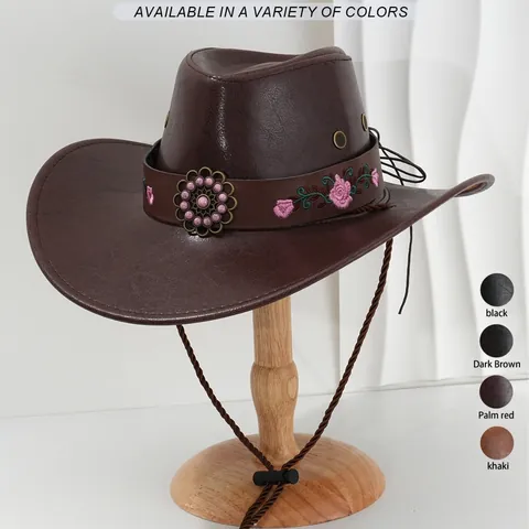 Western PU Leder Westernhut Mit Breiter Krempe Damen Herren Rosa Kunstperle Blumenstickerei Ziergürtel Outdoor Party Fedora