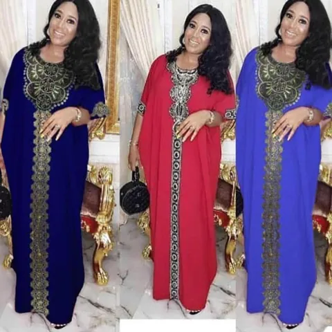 Women African Style Maxi Dress Round Neck Embroidered Big Swing Kaftan Abaya OL Temperament Elegant 4-Way Stretch Long Dress