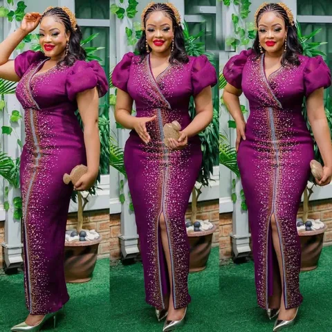 African Women Mesh Puff Sleeve Maxi Dress Elegant V Neck Rhinestone Slim Fit Split Long Party Dress Polyester Gown