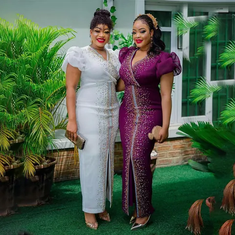 African Women Mesh Puff Sleeve Maxi Dress Elegant V Neck Rhinestone Slim Fit Split Long Party Dress Polyester Gown