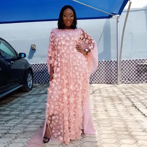 African Women Floral Embroidered Kaftan Dress Set Elegant Plus Size Mesh Chiffon Long Maxi Top And Bottom