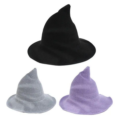 Women Pointed Witch Hat Simple Personalized Magic Hat Cosplay Halloween Celebration Party Costume Accessory Knitted Wizard Hat