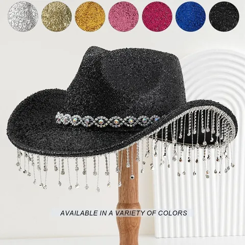 Western Wide Brim Polyester Rhinestone Tassel Cowboy Hat Shiny Crystal Fringe Cowgirl Hat For Party Stage Carnival