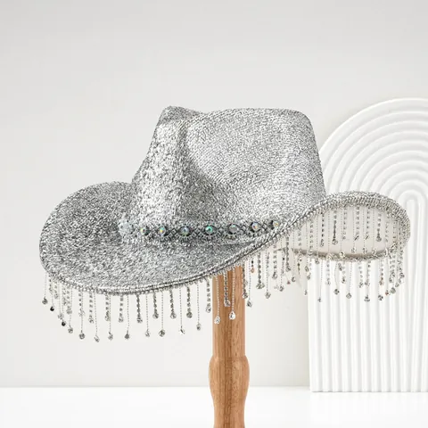 Western Wide Brim Polyester Rhinestone Tassel Cowboy Hat Shiny Crystal Fringe Cowgirl Hat For Party Stage Carnival