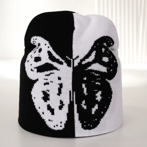 Unisex Schmetterling Druck Beanie Mütze Schwarz Weiß Kontrast Strickmütze Casual Streetwear Skull Cap Weiche Polyester Kopfbedeckung