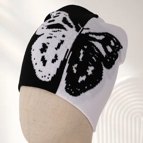 Unisex Schmetterling Druck Beanie Mütze Schwarz Weiß Kontrast Strickmütze Casual Streetwear Skull Cap Weiche Polyester Kopfbedeckung