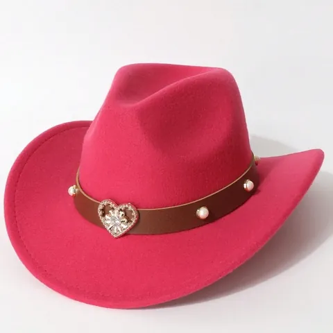 Vintage Women Western Cowboy Hat Polyester Felt Fedora Hat With Heart Rhinestone Pearl Belt Wide Brim Jazz Hat For Party Festival