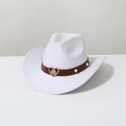 Vintage Women Western Cowboy Hat Polyester Felt Fedora Hat With Heart Rhinestone Pearl Belt Wide Brim Jazz Hat For Party Festival