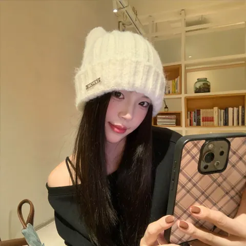 Cute Cat Ears Knit Beanie Hat For Women Korean Style Warm Winter Windproof Soft Thermal Ribbed Knit Skull Cap Outside Warm Plush Ear Protection Cap