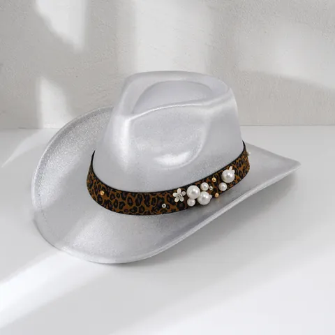 Gradient Glitter Cowboy Hat With Leopard Band Artificial Pearl Decoration For Women Men Western Party Fedora Hat