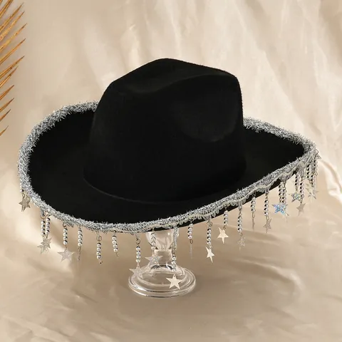 Damen Y2K Rosa Cowboyhut Mit Sternen Pailletten Quaste Perlenfransen Western Cowgirl Fedora Hut Für Party Bühne Performance
