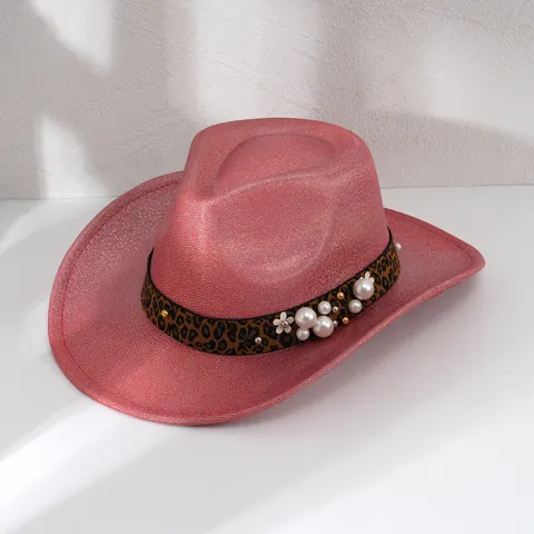 Gradient Glitter Cowboy Hat With Leopard Band Artificial Pearl Decoration For Women Men Western Party Fedora Hat