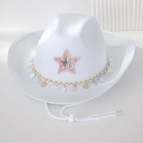 Damen Weißer Cowboyhut Mit Rosa Pailletten Stern Und Schillernden Quasten Heavy Work Bühne Performance Party Fedora Hut Für Damen