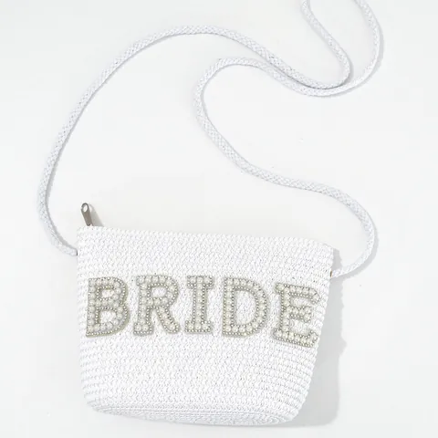 Women Woven Straw Crossbody Bag With Artificial Pearl Rhinestone Bride Letters For Wedding Vacation Party Bridesmaid Gift Handbag