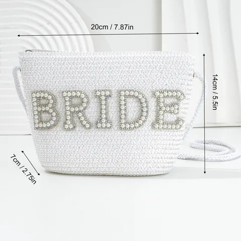 Women Woven Straw Crossbody Bag With Artificial Pearl Rhinestone Bride Letters For Wedding Vacation Party Bridesmaid Gift Handbag