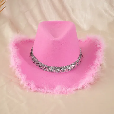 Chapeau de Cowboy Western Rose pour Femmes Élégant Chapeau Fédora Avec Bordure en Plumes et Ruban à Paillettes pour Fête Mariage