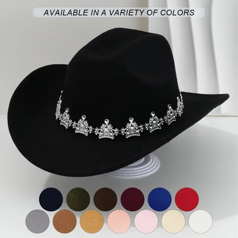 Chapeau de Cowboy Occidental pour Femmes Décoration Couronne Strass Élégant Chapeau Feutre en Polyester à Large Bord pour Mariée Fête de Mariage