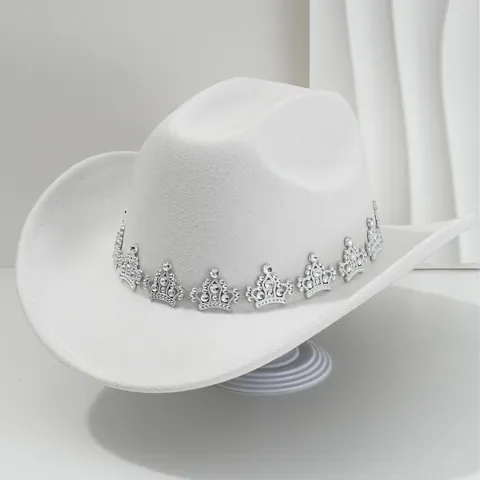 Chapeau de Cowboy Occidental pour Femmes Décoration Couronne Strass Élégant Chapeau Feutre en Polyester à Large Bord pour Mariée Fête de Mariage