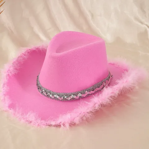 Chapeau de Cowboy Western Rose pour Femmes Élégant Chapeau Fédora Avec Bordure en Plumes et Ruban à Paillettes pour Fête Mariage