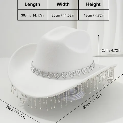 Women Cowboy Hat Elegant Rhinestone Fringe Heart Gem Polyester Fedora Party Wedding Stage Performance Western Dress Hat