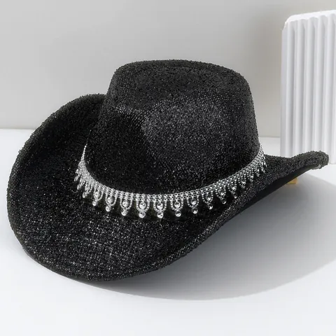Glitter Cowboy Hat With Rhinestone Tassel Belt For Women Wedding Party Bridal Fedora Hat Shiny Polyester Western Style Accessories