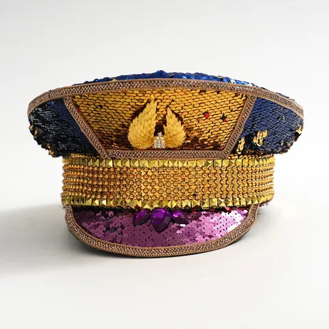 Y2K Style Stage Performance Hat Shiny Color Block Sequins Gold Wings Purple Rhinestone Embellished Disco Party Military Flat Top Captain Hat For Men Women Stage Accessory