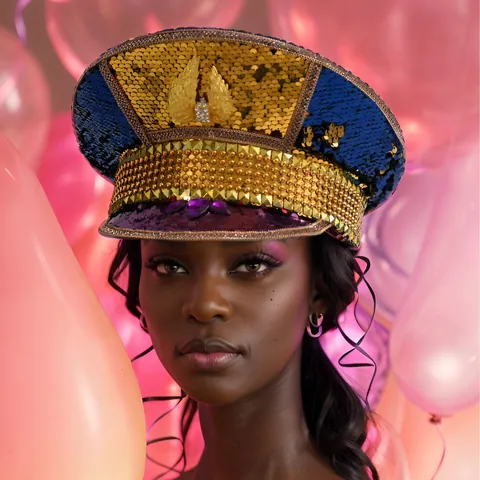 Y2K Style Stage Performance Hat Shiny Color Block Sequins Gold Wings Purple Rhinestone Embellished Disco Party Military Flat Top Captain Hat For Men Women Stage Accessory
