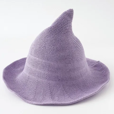 Halloween Knitted Witch Hat For Women Foldable Wizard Hat With Pointed Top Wide Brim Cosplay Party Costume Accessory