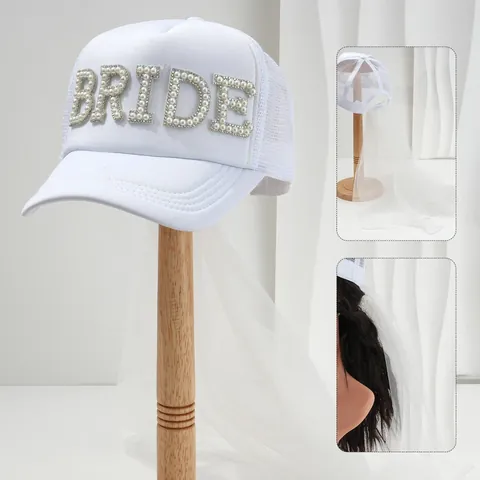 Berretto da Baseball da Donna Bianco per Matrimonio Con Velo Perle Strass Lettere Bride Cappello Trucker in Rete per Festa di Fidanzamento