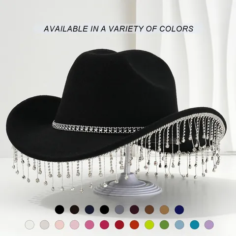 Damen Glitzer Strass Fransen Filz Cowboyhut Elegant Western Jazz Fedora Für Geburtstag Party Musik Festival Kostüm