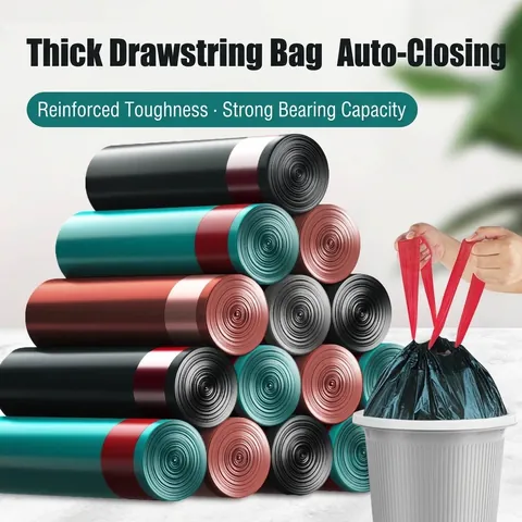 Drawstring Thickened Trash Bags Automatic Closing PE Garbage Bags Handheld Leak-proof Heavy Duty Bags For Kitchen Office Home