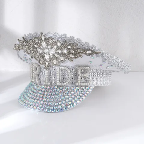 Luxury White Bride Rhinestone Captain Hat Pearl Letter Sequin Military Style Party Hat For Wedding Ceremony Bachelorette Fashion Accessory