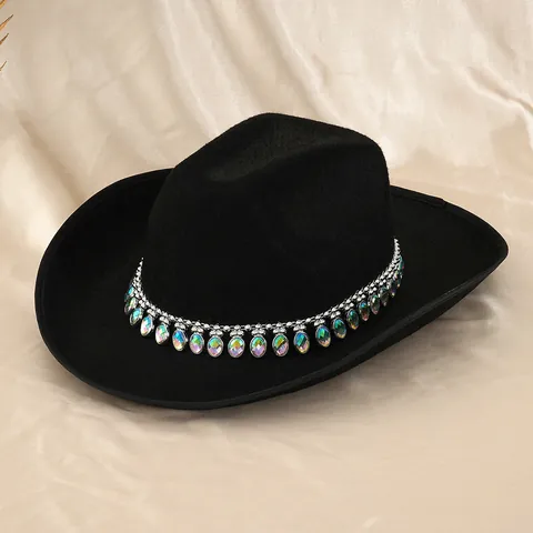 Cappello da Cowboy Western Vintage da Donna Cappello Cowgirl in Feltro Con Bordo in Strass Iridescenti Fedora a Tesa Larga per Festa Banchetto