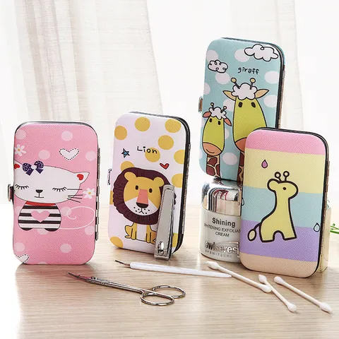 Kit Manicure Cartoon in Acciaio Inox Giraffa Leone Stampa Animale Set Strumenti Pedicure Portatile Con Custodia in Pelle PU