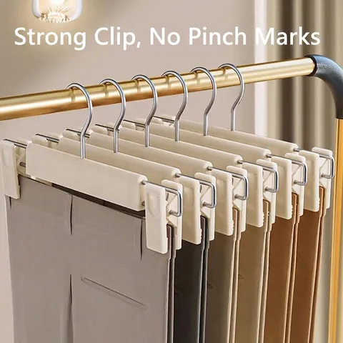 Non Slip Seamless Pants Hanger with Adjustable Clips Heavy Duty Metal Trouser Hanger for Skirts Slacks Wardrobe Organizer