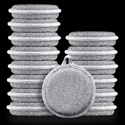 Thickened Silver Silk Scouring Pad Round Double Sided Dishwashing Sponge Cleaning Pad With Hanging Loop For Kitchen Pot Bowl