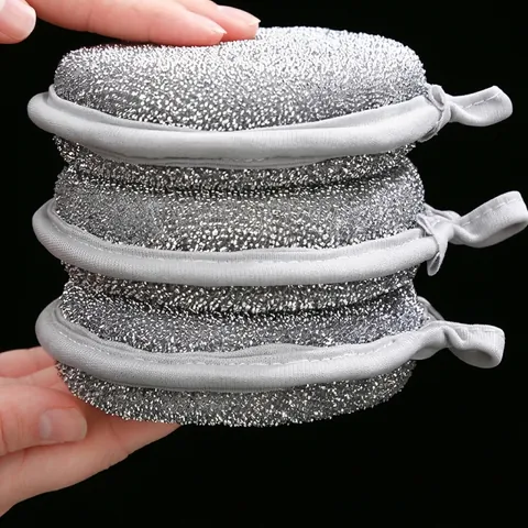Thickened Silver Silk Scouring Pad Round Double Sided Dishwashing Sponge Cleaning Pad With Hanging Loop For Kitchen Pot Bowl