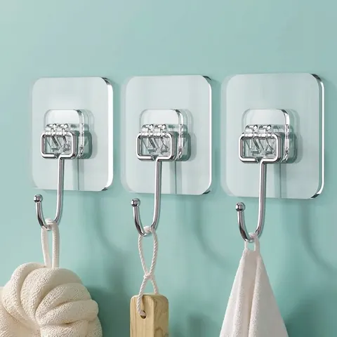 Strong Seamless Adhesive Wall Hook Transparent Waterproof Heavy Duty No Drill Hanger For Kitchen Bathroom Home Storage Organization
