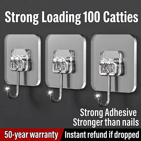 Strong Seamless Adhesive Wall Hook Transparent Waterproof Heavy Duty No Drill Hanger For Kitchen Bathroom Home Storage Organization