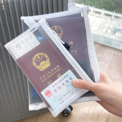 Transparent Mesh Document Organizer Bag Zippered Travel Passport Holder Portable Polyester Pouch For Identity Cards Files